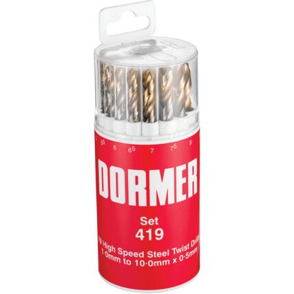 A094, No.419, Jobber Drill Set, Standard Length, Metric, High Speed Steel,  TiN-Tipped, Set of 19