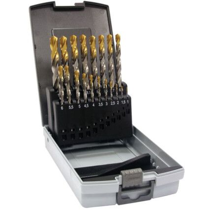 Jobber Drill Set, 1mm to 10mm x 0.5mm, Standard Length, Metric, High Speed Steel, TiN, Set of 19