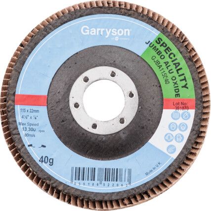 Flap Disc, JBA115040, 115 x 22.23mm, Conical (Type 29), P40, Aluminium Oxide