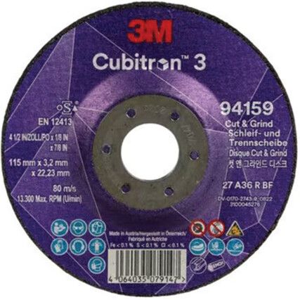 Cubitron 3 Cut & Grind Disc 94159, 36, 115 x mm, 22.23 x mm, Type 27