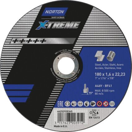 Cutting Disc, X-Treme, 36-Medium, 180 x 2 x 22.2 mm, Type 41, Aluminium Oxide