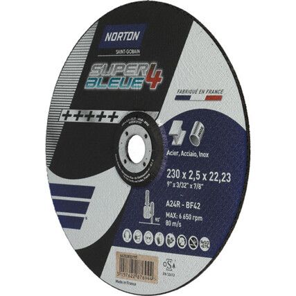 Cutting Disc, Super Bleue 4, 24-Coarse, 230 x 2.5 x 22.23 mm, Type 42, Aluminium Oxide