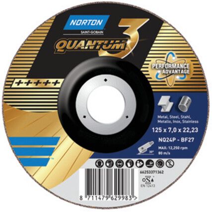 Grinding Disc, Quantum 3, 24-Coarse, 115 x 7 x 22.23 mm, Type 27, Ceramic