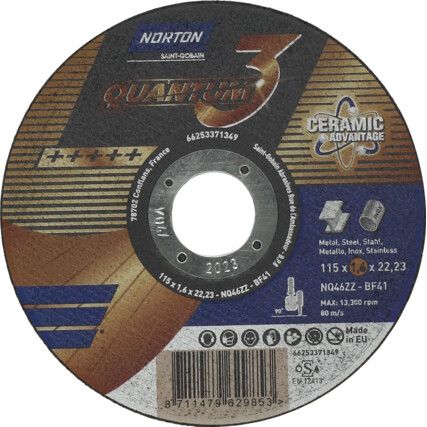 Cutting Disc, Quantum, 46-Fine/Medium, 115 x 1.6 x 22.23 mm, Type 41, Ceramic