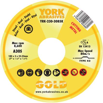 Cutting Disc, 30-Medium/Coarse, 180 x 3 x 22.23 mm, Type 42, Aluminium Oxide