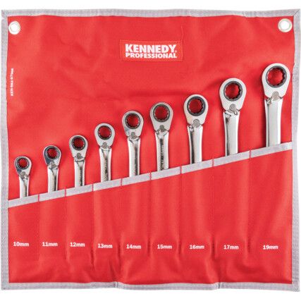 Metric, Reversible Combination Spanner Set, 10 - 19mm, Set of 9, Chrome Vanadium Steel