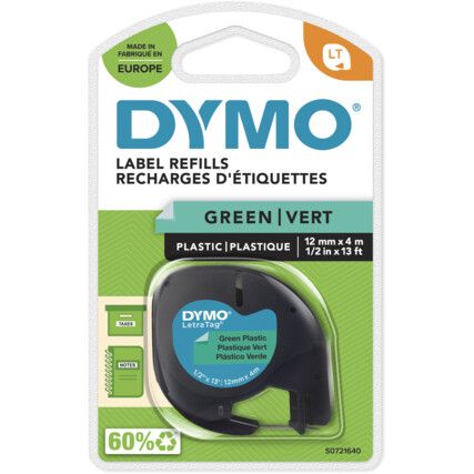 DYMO LETRATAG TAPE 12mm B LCK ON GRN PLASTIC 91204