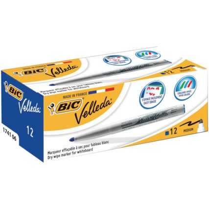 Velleda 1741, Whiteboard Marker Pen, Blue, Broad, Bullet, Non-Retractable, 12 Pack