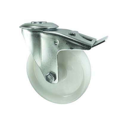 Medium Duty, Castor, 100mm, Braked, Swivel, Bolt Hole, Nylon, White