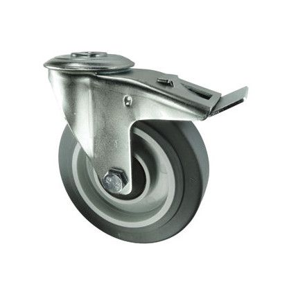 Medium Duty, Castor, 100mm, Braked, Swivel, Bolt Hole, Rubber, Grey