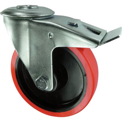 Medium Duty, Castor, 100mm, Braked, Swivel, Bolt Hole, Polyurethane, Red