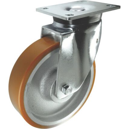 Heavy Duty, Castor, 100mm, Unbraked, Swivel, Top Plate, Polyurethane, Yellow