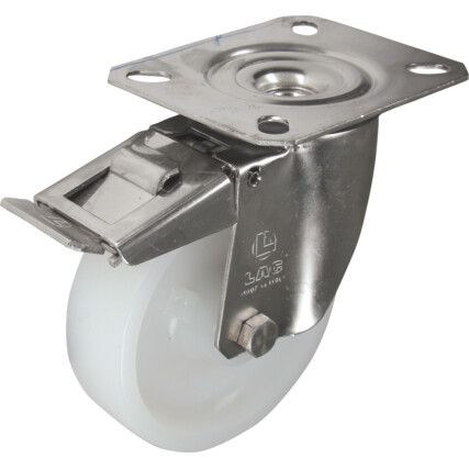 Castor, 125mm, Braked, Swivel, Top Plate, Nylon, White