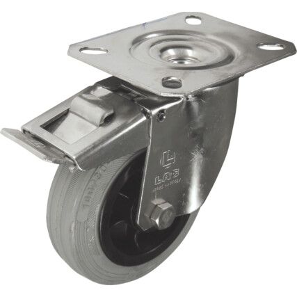 Castor, 100mm, Braked, Swivel, Top Plate, Rubber, Grey