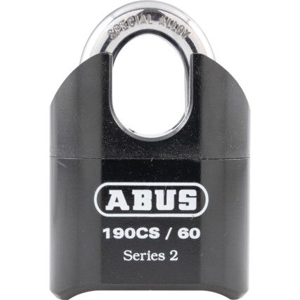 Combination Padlock, Hardened Steel, Black, 63mm Width, Weatherproof