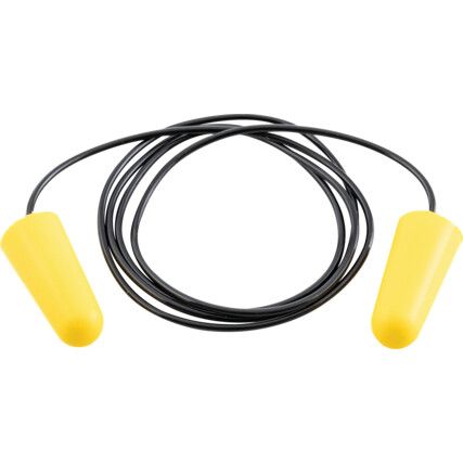 Corded PU Earplugs, Yellow, 34db, Box of 200 Pairs, EN 352-2