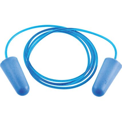 Corded PU Earplugs, Detectable Blue, 37db, Box of 100 Pairs, EN 352-2