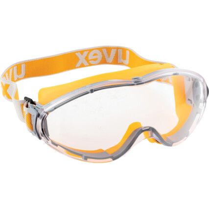 Ultrasonic, Safety Goggles, Polycarbonate, Clear Lens, Grey/Orange Frame, Indirect Ventilation, Anti-Fog/Scratch-resistant/UV-resistant