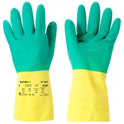 Alphatec® 87-900 Mechanical Hazard Gloves, Green/Yellow, Cotton Liner, Latex Coating, EN388: 2016, 2, 1, 2, X, A, Size 7.5-8