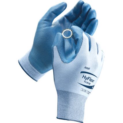 11-518 HyFlex Cut Resistant Gloves, Blue/White, EN388: 2016, 3, X, 3, 1, B, PU Palm, Dyneema/Nylon/Spandex, Vend Pack, Size 9