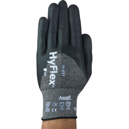 11-537 Hyflex Intercept Cut Resistant Gloves, Black/Grey, EN388: 2016, 4, X, 4, 2, B, Nitrile 3/4 Coated, Fibreglass/HPPE/Nylon/Spandex, Size 7