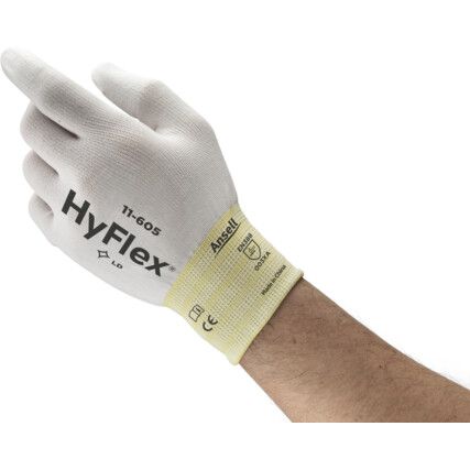 11-605 HyFlex® Mechanical Hazard Gloves, White, Nylon Liner, Polyurethane Coating, EN388: 2016, 0, 0, 3, X, A, Size 8