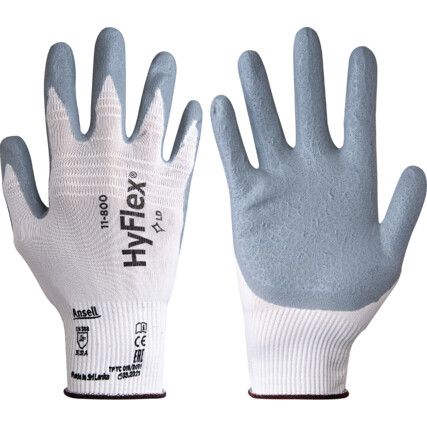 11-800 HyFlex® Mechanical Hazard Gloves, Grey/White, Nylon Liner, Nitrile Coating, EN388: 2016, 3, 1, 3, 1, A, Size 11