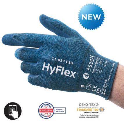 11-819 HyFlex® Mechanical Hazard Gloves, Blue, Nylon/Spandex Liner, Nitrile Coating, EN388: 2016, 3, 1, 2, 1, A, Size 6