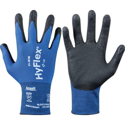 11-816 HyFlex® Mechanical Hazard Gloves, Black/Blue, Nylon/Spandex Liner, Nitrile Coating, EN388: 2016, 4, 1, 2, 1, A, Size 6