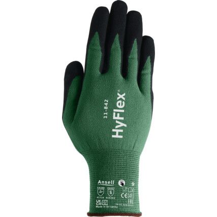 11-842 HyFlex® Mechanical Hazard Gloves, Green/Black, Nylon Liner, Nitrile Coating, EN388: 2016, 4, 1, 3, 1, A, Size 6