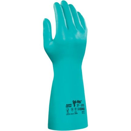 37-695 Solvex Chemical Resistant Gauntlet, Green, Nitrile, Cotton Flocked Liner, Size 9