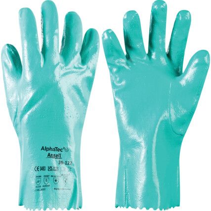 39-122 Sol-Knit Chemical Resistant Gloves, Green, Nitrile, Interlock Cotton Liner, Size 7