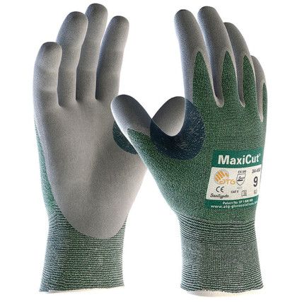 Maxicut, Cut Resistant Gloves, Green, EN388: 2016, 4, 3, 3, 1, B, NBR Palm Coated, Nitrile/Spandex/UHMWPE-Glass-Nylon, Size 8