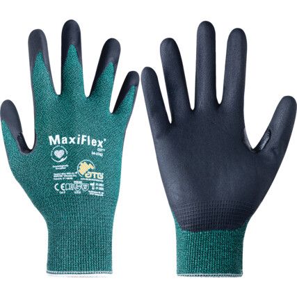 MaxiFlex, Cut Resistant Gloves, Black/Green, EN388: 2016, 4, 3, 3, 1, B, NBR Palm, Spandex/UHMWPE-Glass-Nylon, Size 6