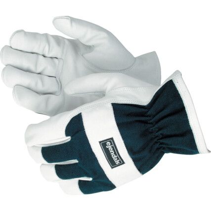 25, General Handling Gloves, Blue/White, Leather Coating, Cotton Liner, Size 8