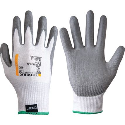 Tegera, Cut Resistant Gloves, Grey/White, EN388: 2016, 4, X, 4, 2, B, PU Palm, Lycra®/Polyester, Size 7