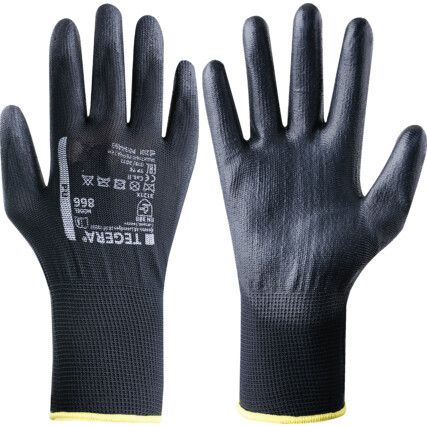 866 Tegera® Mechanical Hazard Gloves, Black, Polyester Liner, Polyurethane Coating, EN388: 2016, 3, 1, 2, 1, X, Size 8