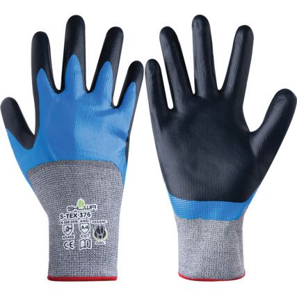 S-Tex, Cut Resistant Gloves, Black/Blue/Grey, EN388: 2016, 4, X, 4, 1, D, Nitrile Foam ¾ Coated, Hagane Coil®, Size 7