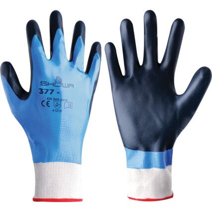 377 Mechanical Hazard Gloves, Black/Blue/White, Nylon/Polyester Liner, Nitrile Coating, EN388: 2003, 4, 1, 2, 1, Size 7