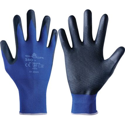 380 Mechanical Hazard Gloves, Black/Blue, Nylon Liner, Nitrile Foam Coating, EN388: 2016, 3, 1, 2, 1, X, Size 9