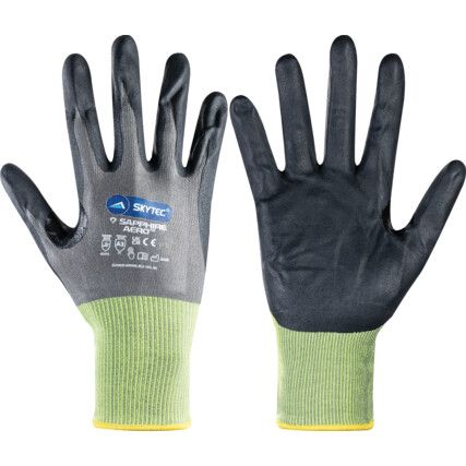 Sapphire Aero, Cut Resistant Gloves, Black/Green, EN388: 2016, 4, X, 4, 2, C, Nitrile Palm, HPPE, Size 8