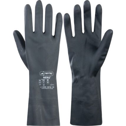 Nero, Chemical Resistant Gloves, Black, Latex, Cotton Flocked Liner, Size 8