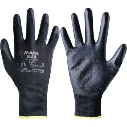 Ultrane 548 Mechanical Hazard Gloves, Black, Polyamide Liner, Polyurethane Coating, EN388: 2016, 3, 1, 2, 1, A, Size 9