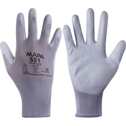 Ultrane 551 Mechanical Hazard Gloves, Grey, Polyamide Liner, Polyurethane Coating, EN388: 2016, 4, 1, 3, 1, X, Size 6