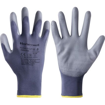 2400250 Perfect Poly Mechanical Hazard Gloves, Grey, Polyamide Liner, Polyurethane Coating, EN388: 2016, 4, 1, 2, 1, X, Size 6