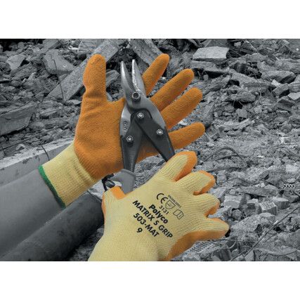 503-MAT Matrix Mechanical Hazard Gloves, Orange/Yellow, Cotton/Polyester Liner, Latex Coating, EN388: 2003, 2, 1, 4, 2, Size 9