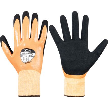 Grip It® Oil C3, Cut Resistant Gloves, Black/Orange, EN388: 2016, 4, X, 4, 3, B, Nitrile Palm, Glass Fibre/HPPE Liner, Size 10