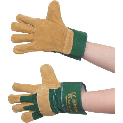 Rigger Gloves, Green/Yellow, Leather Coating, Fleece Liner, Size 10