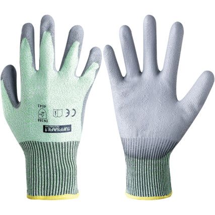 Cut Resistant Gloves, Green/Grey, EN388: 2003, 4, 5, 4, 3, PU Palm, HPPE Liner, Size 10