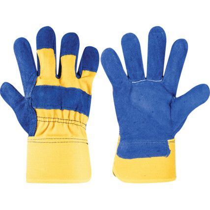 Rigger Gloves, Blue/Yellow, Leather Coating, Cotton Liner, Size One Size